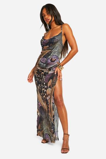 Crinkle Feather Printed Mesh Cowl Neck Maxi Dress multi