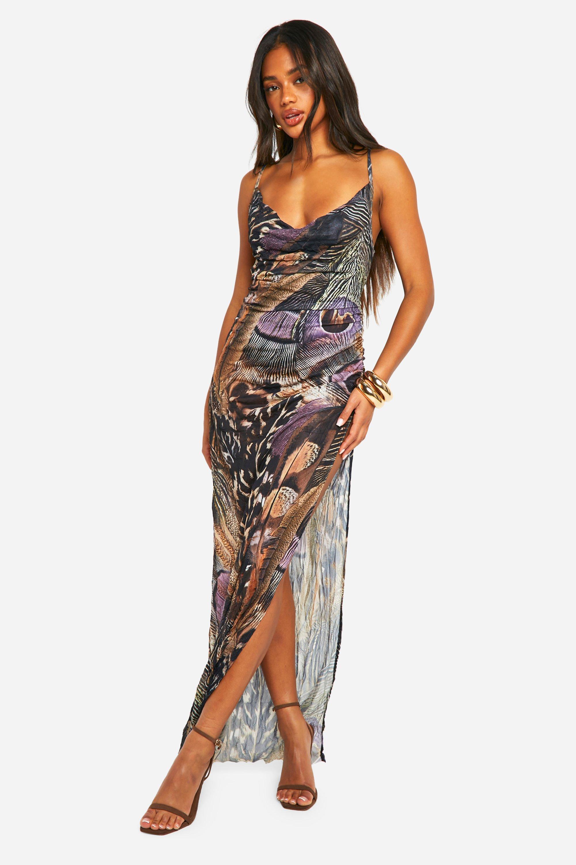 Feather print fashion maxi dress