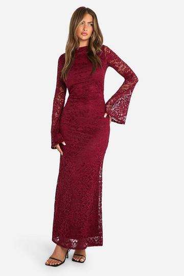 Plum Purple Lace Flare Sleeve Maxi Dress