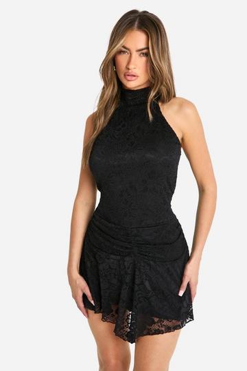 Halter Neck Lace Hanky Hem Mini Dress black