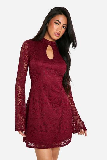 Lace Keyhole Flare Sleeve Skater Dress plum