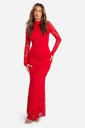 Red Lace Open Back Maxi Dress