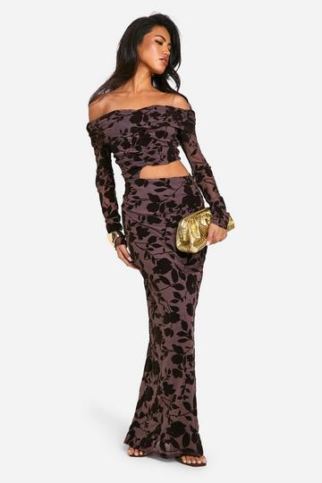 Off The Shoulder Ruched Devore Cut Out Maxi Dress chocolate