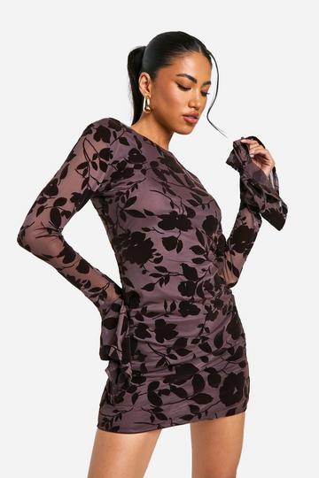 Devore Floral Frill Sleeve Mini Dress chocolate