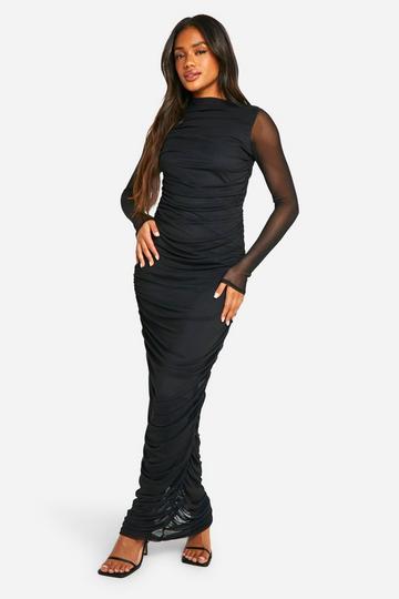 Ruched Mesh Maxi Dress black