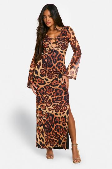 Multi Trim Detail Leopard Mesh Maxi Dress