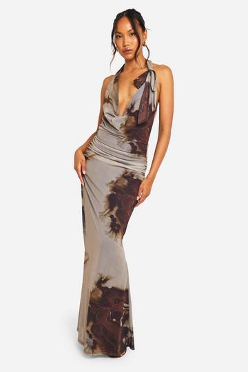 Brown Cowl Neck Printed Mesh Tie Neck Maxi Dress