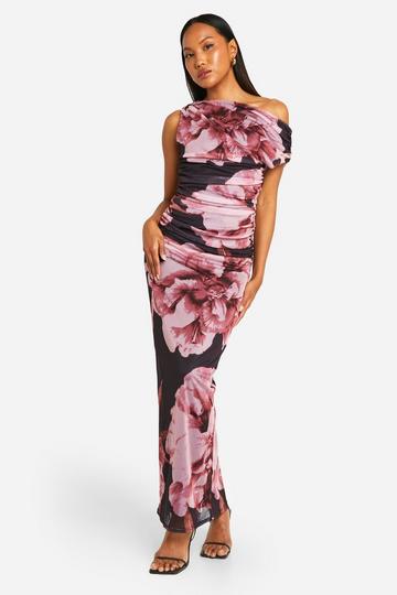 Floral Printed Mesh Off The Shoulder Maxi Dress black