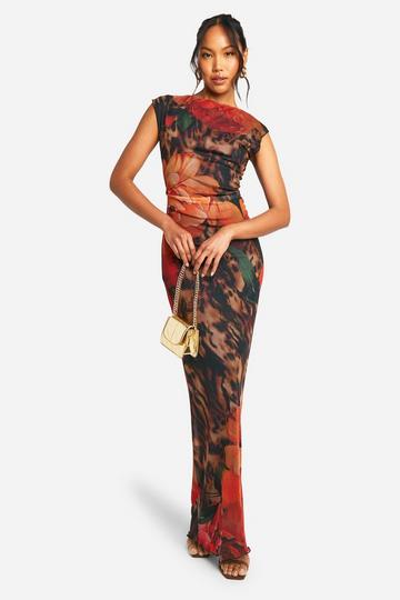 Floral Leopard Printed Mesh Maxi Dress brown