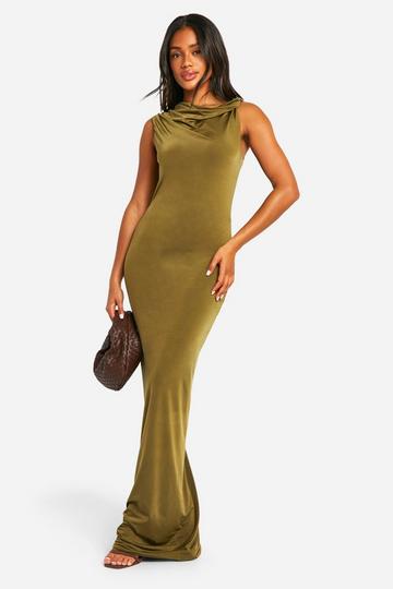 Cowl Neck Twist Detail Slinky Maxi Dress khaki