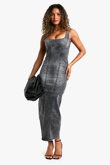 Grey Wash Stretch Denim Seam Detail Maxi Dress grey