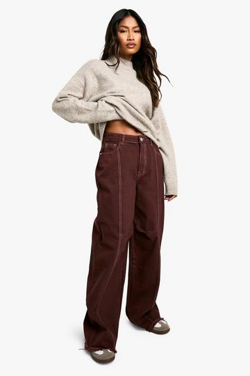 Contrast Stitch Wide Leg Denim Jeans choc brown