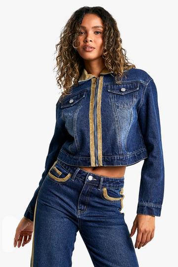 Cord Trim Detail Fitted Denim Jacket mid blue