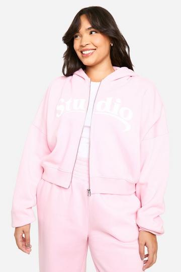 Plus Studio Slogan Boxy Crop Zip Through Hoodie baby pink