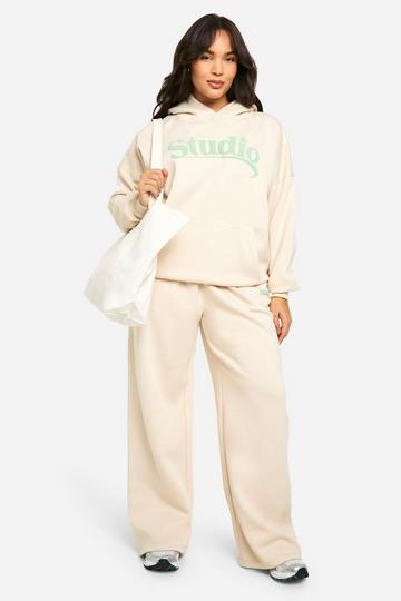 Stone Beige Plus Studio Slogan Deep Waistband Straight Leg Jogger