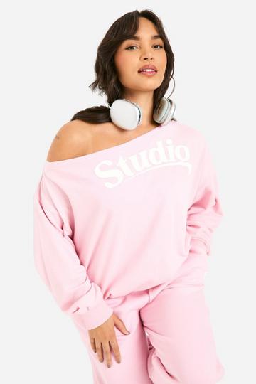 Plus Studio Slogan Off The Shoulder Sweatshirt baby pink