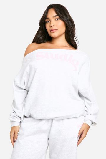 Plus Studio Slogan Off The Shoulder Sweatshirt ash grey