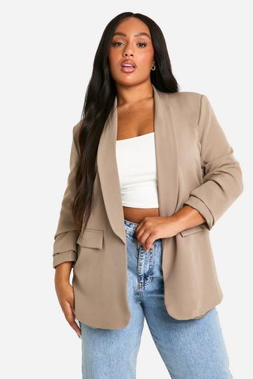 Plus Ruched Sleeve Lapel Detail Blazer taupe