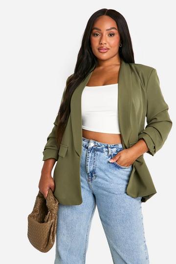 Khaki Plus Ruched Sleeve Lapel Detail Blazer