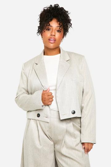 Grey Plus Textured Single Button Cropped Boxy Blazer