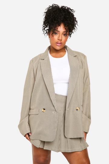 Brown Plus Tonal Check Double Breasted Oversized Blazer