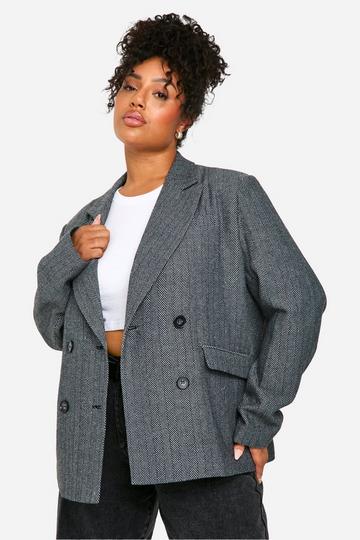 Plus Wollen Herringbone Blazer Met Dubbele Knopen charcoal