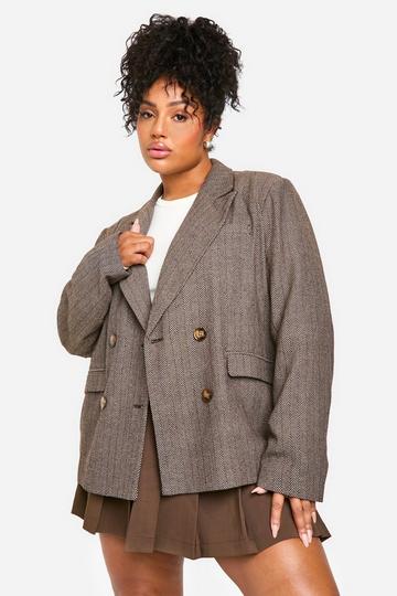 Grande taille - Blazer croisé effet laine à chevrons brown