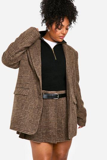 Plus Wool Look Check Double Breasted Blazer brown