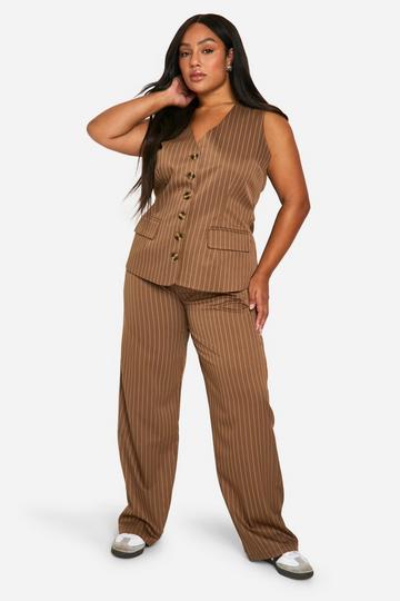 Plus Pinstripe Relaxed Wide Leg Pants mocha