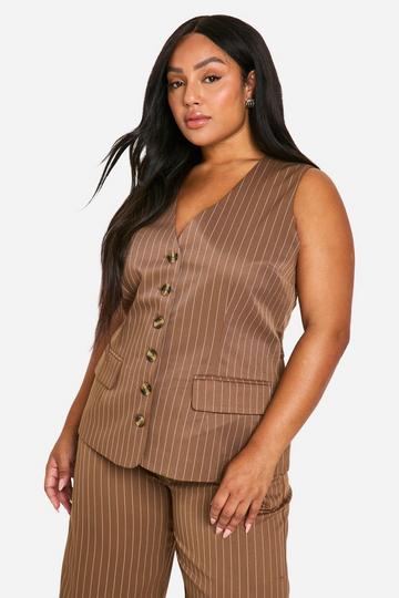 Plus Long Line Gilet Met Krijtstrepen mocha