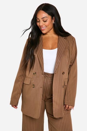 Plus Oversized Blazer Met Krijtstrepen En Dubbele Knopen mocha