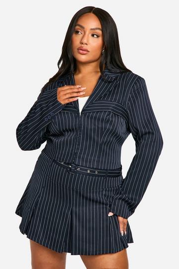 Plus Pinstripe Corset Detail Cropped Blazer navy