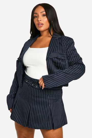 Plus Pinstripe Belted Tailored Mini Skirt navy