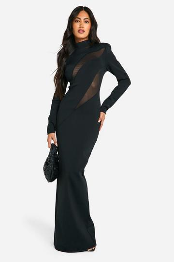 High Neck Bandage Mesh Insert Maxi Dress black