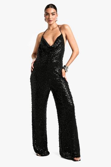 Cowl Neck Pearl Sequin Wide Leg Jumpsuit black