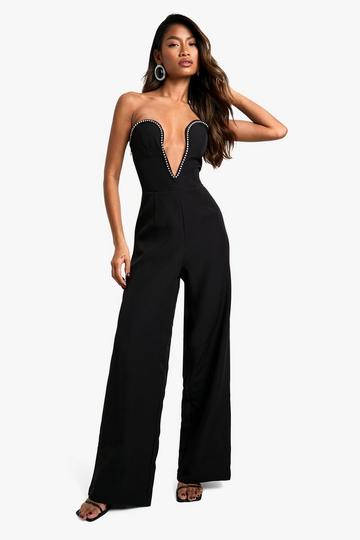 Diamante Trim Plunge Wide Leg Jumpsuit black