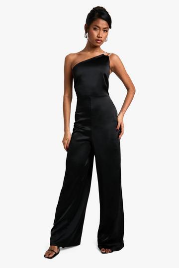 One Shoulder Diamante Strap Wide Leg Jumpsuit black