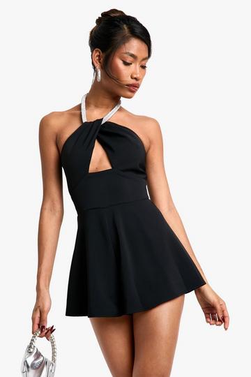 Black Diamante Twist Strap Flippy Playsuit