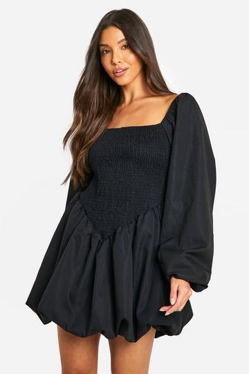 Shirred Long Sleeve Smock Dress black