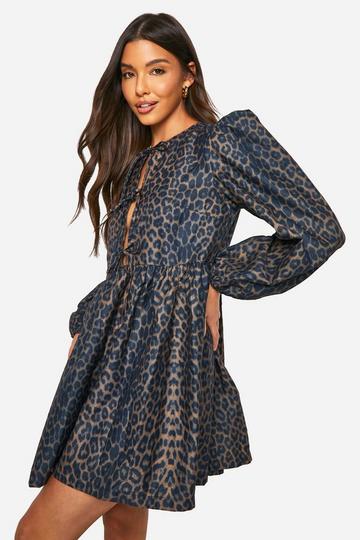 Leopard Tie Front Long Sleeve Smock Dress brown