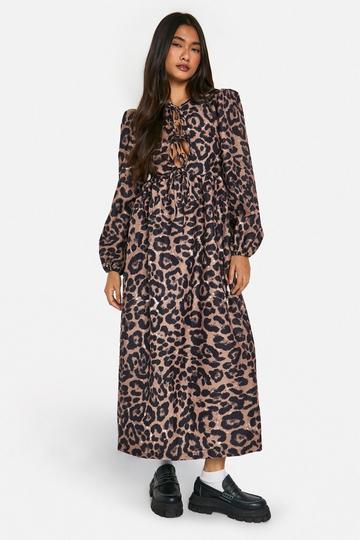 Leopard Tie Front Midaxi Smock Dress brown