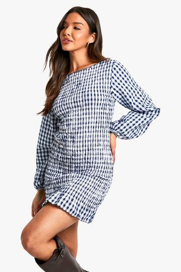 Gingham Shirred Long Sleeve Mini Dress navy