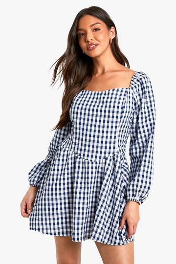 Gingham Long Sleeve Mini Dress navy