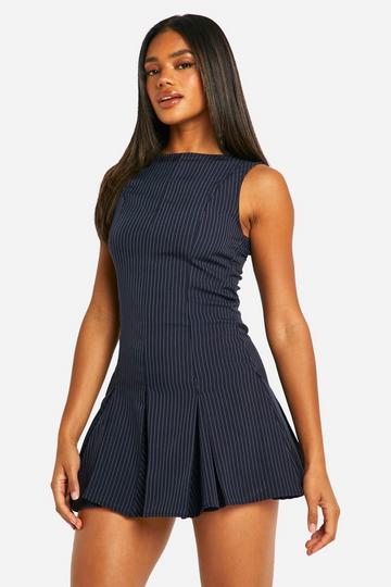 Pinstripe Box Pleat Mini Dress navy