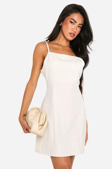 Stone Beige Tailored A-Line Square Neck Mini Dress