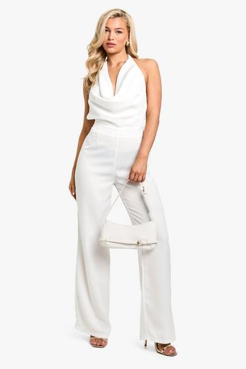 Wide Leg Jumpsuit Met Halter Neck En Parel Bandjes white