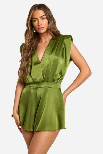 Satin Pleated Plunge Playsuit olive