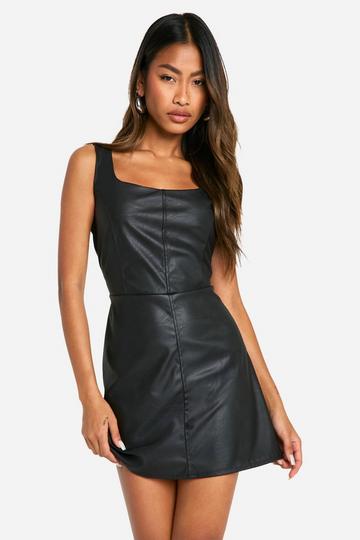 Black PU Scoop Neck Mini Dress