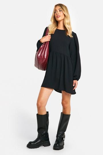 Hammered Tie Back Long Sleeve Smock Dress black