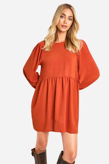 Rust Orange Hammered Tie Back Long Sleeve Smock Dress